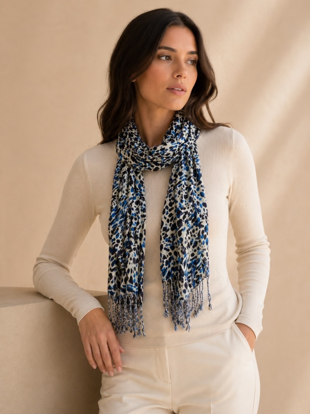 Blue Leopard Print Scarf Lightweight Animal Print Fringe Scarf